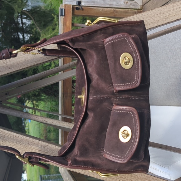 Coach Handbags - Coach Brown Suede Shoulder Bag with Gold Hardware